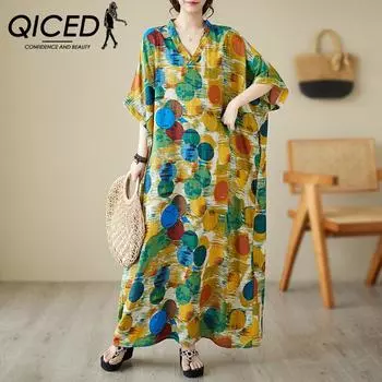 QICED V-neck Thin Cotton Hemp Plus Size Loose Artistic Summer Vacation Wind Beach Dress Retro Meat Long Gown