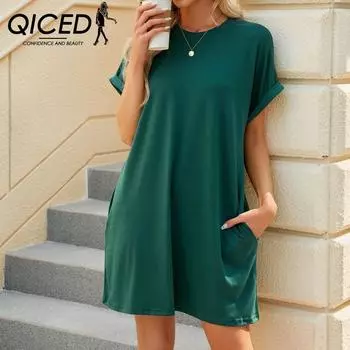 QICED Весенне-летнее однотонное свободное платье с короткими рукавами и круглым вырезом с карманами S тёмно-синий