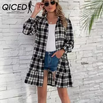 QICED Весенне-летнее платье-торт, клетчатая рубашка с длинным рукавом, однобортная женская одежда S красный