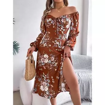 QICED Весенне-летнее сексуальное платье с разрезом, длинными рукавами и завязкой узлом в виде цветка для женщин S