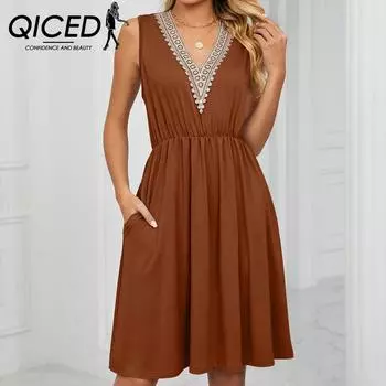 QICED Весенне-летнее сплошное цветное кружевное платье с v-образным вырезом и карманами на талии без манжет S чёрный