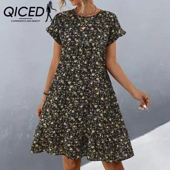 QICED Весенне-летнее женское свободное платье с цветочным принтом и круглым вырезом с рукавами лотоса и короткими рукавами с принтом S чёрный