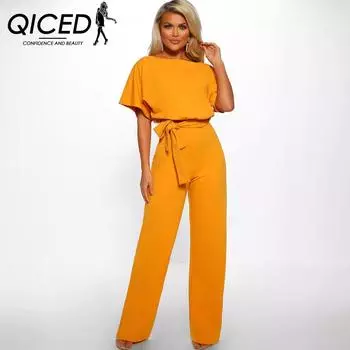 QICED Весна Лето Модный Короткий Рукав Комбинезон На Шнуровке Для Женщин S жёлтый