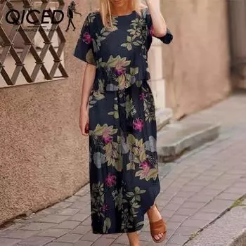 QICED Весенне-летний свободный и элегантный повседневный комплект спортивной одежды из хлопка и льна с короткими рукавами S