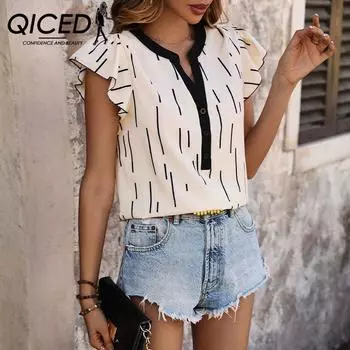QICED Весенне-летняя цветная лоскутная рубашка, женская верхняя рубашка с рукавами лотоса, нерегулярная линия S абрикосовый