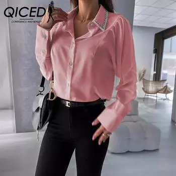 QICED Весенне-летняя модная блузка-поло с воротником-поло и бриллиантами, свободная рубашка на пуговицах с длинными рукавами, женская блузка S чёрный