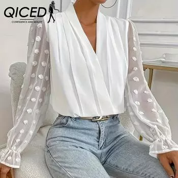 QICED Весенне-летняя шифоновая рубашка с V-образным вырезом и свободными рукавами-фонариками S белый