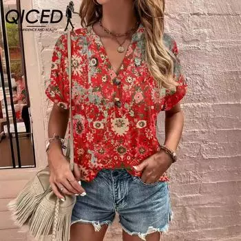 QICED Весенне-летняя женская блузка с принтом и застежкой-молнией, модная, с коротким рукавом для женщин S чёрный