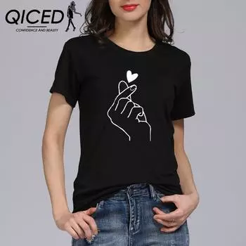 QICED Весна и лето женская мода большой размер свободные женщины чем сердце принт круглый вырез короткий рукав футболка для женщин S чёрный