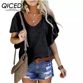 QICED Весенне-летняя женская однотонная футболка с короткими рукавами и рукавами лотоса, свободный топ с V-образным вырезом S чёрный
