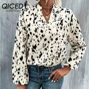 QICED весна осень леопардовый принт модный полиэстеровый пуловер длинный рукав V-образный вырез свободный тип женская рубашка S коричневый
