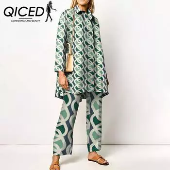 QICED Весенне-осенний женский костюм-рубашка с длинными рукавами Urban Personality Tide Printing Casual Womens Clothing S