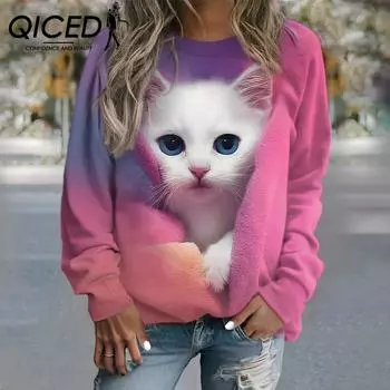 QICED Весенне-осенняя модная женская свободная толстовка с капюшоном с 3D цифровым принтом и круглым вырезом в виде животного кота S