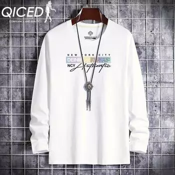 QICED Весенне-осенняя мужская хлопковая футболка с длинным рукавом, свободная, большого размера, с круглым вырезом, простая нижняя рубашка S белый