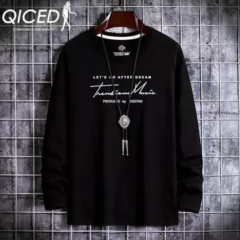 QICED Весенне-осенняя мужская хлопковая футболка с длинным рукавом, свободная, большого размера, с круглым вырезом, простая нижняя рубашка S белый
