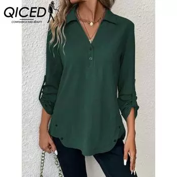 QICED Весенне-осенняя однотонная свободная модная рубашка с длинным рукавом и v-образным вырезом на пуговицах для женщин S чёрный