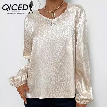 QICED Весна Осень V-образный вырез с леопардовым принтом рубашка женская жаккардовая рубашка с длинным рукавом S белый