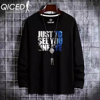 QICED Весенне-осенняя тонкая мужская рубашка с длинными рукавами и круглым вырезом с принтом, трендовая осенняя одежда, большая ярдовая нижняя часть, футболка S белый