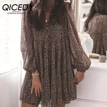 QICED Весеннее свободное платье-юбка с леопардовым принтом и рукавами-фонариками и V-образным вырезом