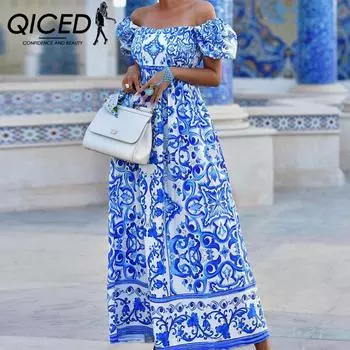 QICED Весеннее женское модное платье с принтом в стиле бохо и воротником-стойкой S синий