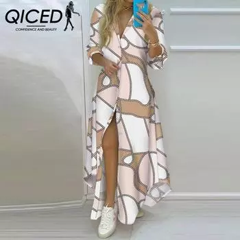 QICED Весеннее женское однобортное платье-рубашка с разрезом и темпераментным принтом, длинная юбка S