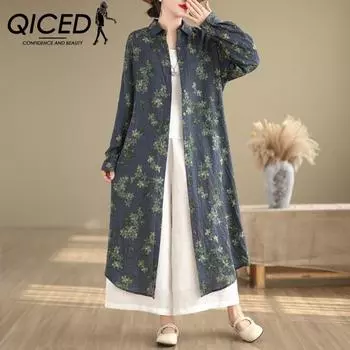 QICED Весеннее женское платье больших размеров в стиле ретро с литературной атмосферой и длинными рукавами с цветочными лацканами, свободное утягивающее длинное платье-рубашка