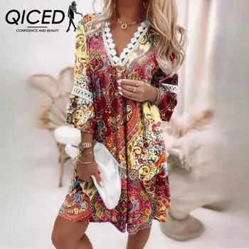 QICED Весенние платья с V-образным вырезом и кружевным принтом в стиле бохо, повседневные платья в курортном стиле S белый