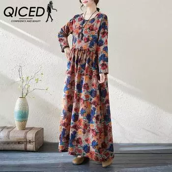 QICED Весенний литературный стиль отдыха, стиль путешествий, снижение возраста, женская винтажная длинная юбка с круглым вырезом и принтом, юбка с мясным покрытием, платье больших размеров