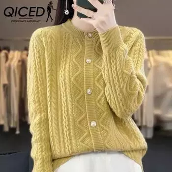 QICED Весенний свитер-свитер с круглым вырезом, длинный рукав, воротник-стойка, однотонный трикотажный кардиган, блузка Uniform size жёлтый