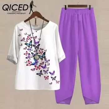 QICED Весенний женский костюм из двух частей с рукавом пять четвертей и принтом сверху и брюками S