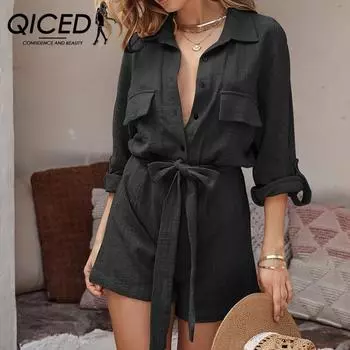 QICED Весенний женский однотонный темпераментный комбинезон из хлопка с перевернутой рубашкой из конопли L серый