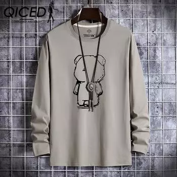 QICED Весенняя и осенняя мужская футболка с длинными рукавами, рубашка с круглым вырезом, мужская одежда, осенняя одежда, мужские футболки S белый