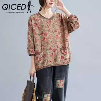 QICED Весенняя мясная маска Тонкий ретро хлопок пенька осень длинный рукав свободный большой размер трикотажный шитье пуловер блузка для женщин