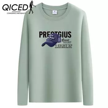 QICED Весенняя мужская футболка с длинными рукавами, трендовая одежда, принт, О-образный вырез, белая повседневная рубашка с длинными рукавами, осенняя одежда, свободная рубашка S белый