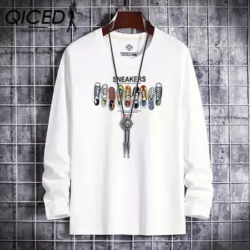 QICED Весенняя мужская футболка с длинными рукавами, трендовая одежда, принт, О-образный вырез, белая повседневная рубашка с длинными рукавами, осенняя одежда, свободная рубашка S белый