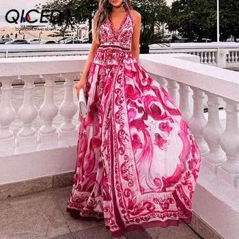 QICED Весенняя женская мода с сексуальным принтом Холтер Холтер средней длины Платье S