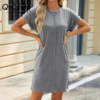 QICED Весна и лето O-образный вырез однотонное короткое рукав свободное платье для женщин S тёмно-синий