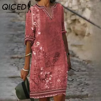 QICED Весна и лето Женские новые повседневные платья с принтом и V-образным вырезом S зелёный