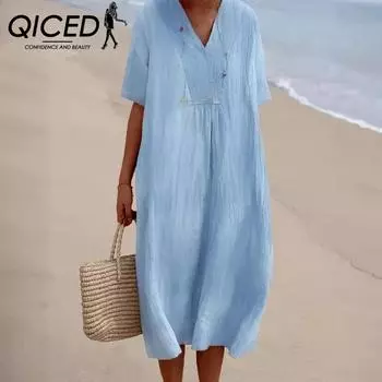 QICED Весна и лето Женские универсальные повседневные тонкие юбки однотонные платья из хлопка и льна S светло-синий
