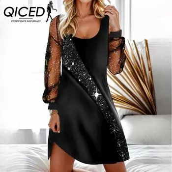 QICED Весна и осень Женские прозрачные сетчатые платья с пайетками S чёрный