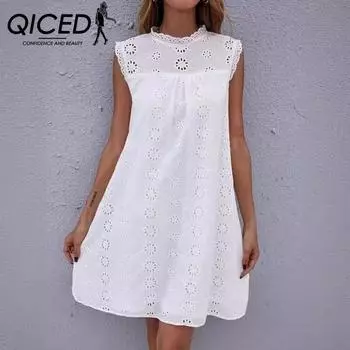 QICED Весна-Лето Без Рукавов Кружева Вырез Свободное Платье миди S белый