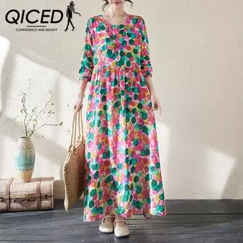 QICED Весна-лето, большой размер, женское цветное праздничное ветровое путешествие с круглым вырезом, винтажная длинная юбка, свободное хлопково-льняное платье из мяса