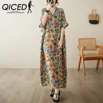QICED Весна-лето, хлопковое, конопляное платье с v-образным вырезом, большой размер, свободное, художественное, для отпуска, ветровое пляжное платье, длинный мясистый халат в стиле ретро для девочек