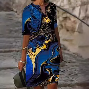 QICED Весна-лето Короткий рукав Женское свободное платье с V-образным вырезом и рукавом пять четвертей с принтом Женское S синий