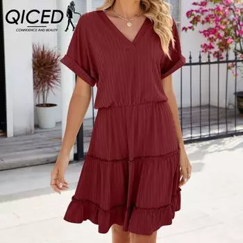 QICED Весна-лето, однотонное свободное лоскутное платье с v-образным вырезом и короткими рукавами S чёрный