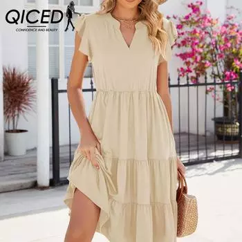 QICED Весна-лето, однотонное свободное платье с v-образным вырезом и короткими рукавами на талии в стиле пэчворк S розовый