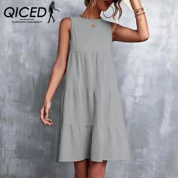 QICED Весна-лето, однотонное свободное платье без рукавов с круглым вырезом и лоскутным принтом в стиле пэчворк S