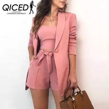 QICED Весна-лето однотонный жилет, пиджак, элегантные шорты с высокой талией, женская одежда из трех предметов S