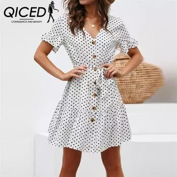 Платье QICED весна-лето с принтом в горошек, короткими рукавами, соблазнительным V-образным вырезом, застегивающимся на пуговицы и рукавами-лотосами S белый
