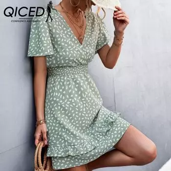 QICED Весна-лето с цветочным принтом и коротким рукавом, сексуальное платье с v-образным вырезом и рукавами лотоса на талии S жёлтый